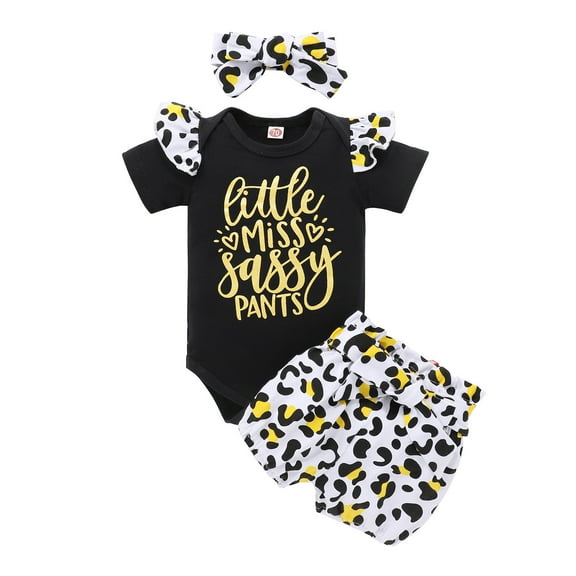 TAIAOJING Toddler Baby Girl Clothes Summer Fashion Letter Romper Leopard Bow Shorts Outfits For Girl 6-9 Months