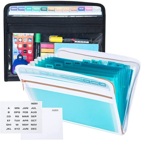 2-Pack Expanding File Folders (Black+Blue) – 13 Pockets, A4 Letter Size, Zippered Document Organizer With Labels
