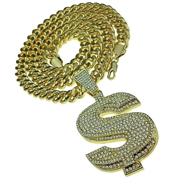 Heavy Dollar $ Sign Hip Hop Chain Chunky Pendant Gold Finish Money Cuban Necklace 30" Inch