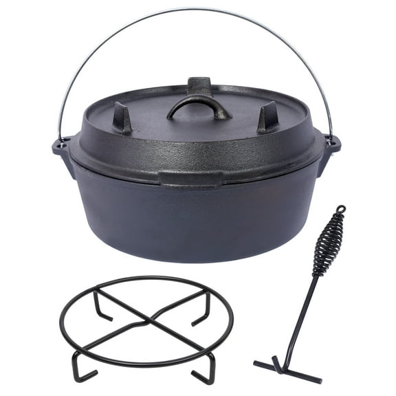 Pre-Seasoned Cast Iron Dutch Oven With Skillet Lid 12 Quart Heavy Duty Outdoor Cooking Pot For Camping Fireplace BBQ And Baking Includes Durable Iron Pot Rack