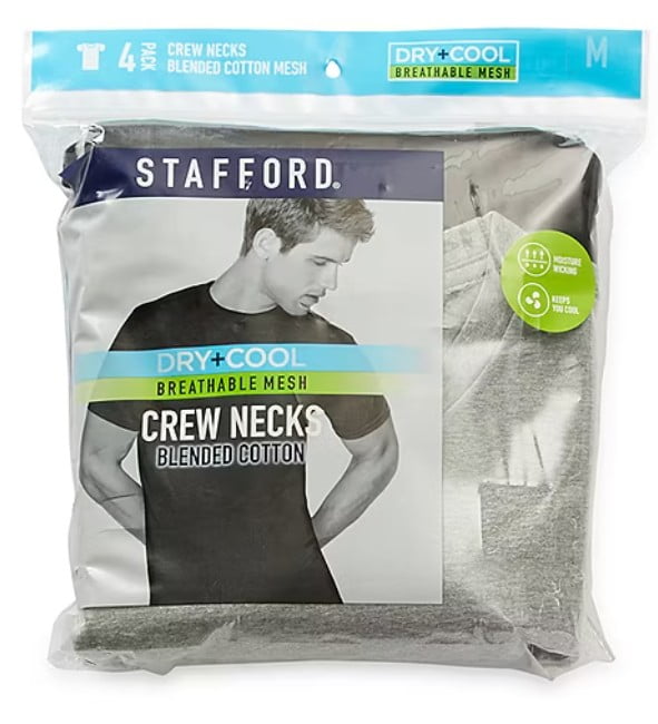 Stafford Dry + Cool Breathable Mesh Mens 4 Pack Short Sleeve Crew Neck Moisture Wicking T-Shirt Tall Black/Gray