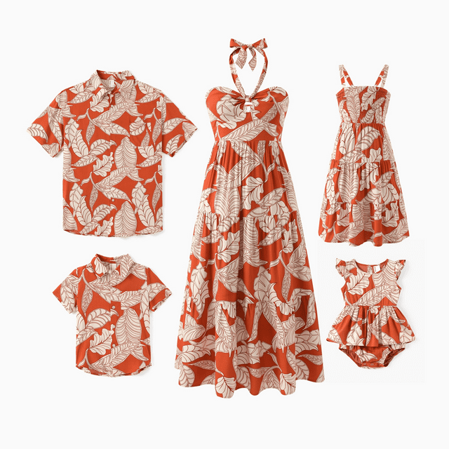 PatPat Tenues Assorties pour la Famille Robe Dos Nu à Imprimé de Feuilles Corail Ou Ensemble de Chemise à Manches Courtes Summer Vacation Collection
