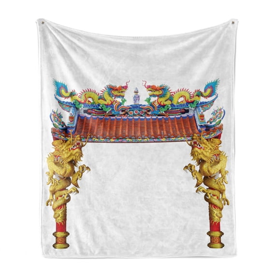 Dragon Soft Flannel Fleece Blanket, Chinese Style Dragon Archway over Pillars in Building Jumble Folk Ornament, Cozy Plush for Indoor and Outdoor Use, 50" x 70", Yellow Blue and Red, by Ambesonne