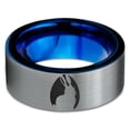 thumbnail image 2 of Tungsten Bunny Rabbit Sitting Hare Egg Band Ring 8mm Men Women Comfort Fit Blue Flat Cut Brushed Gray Polished, 2 of 4