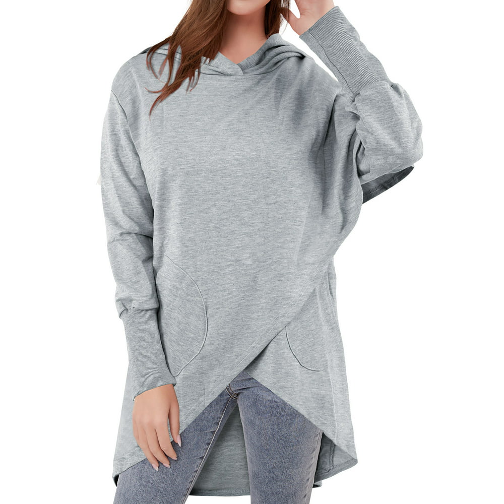 STARVNC - Women Asymmetric Hem Long Sleeve Solid Color Hooded ...