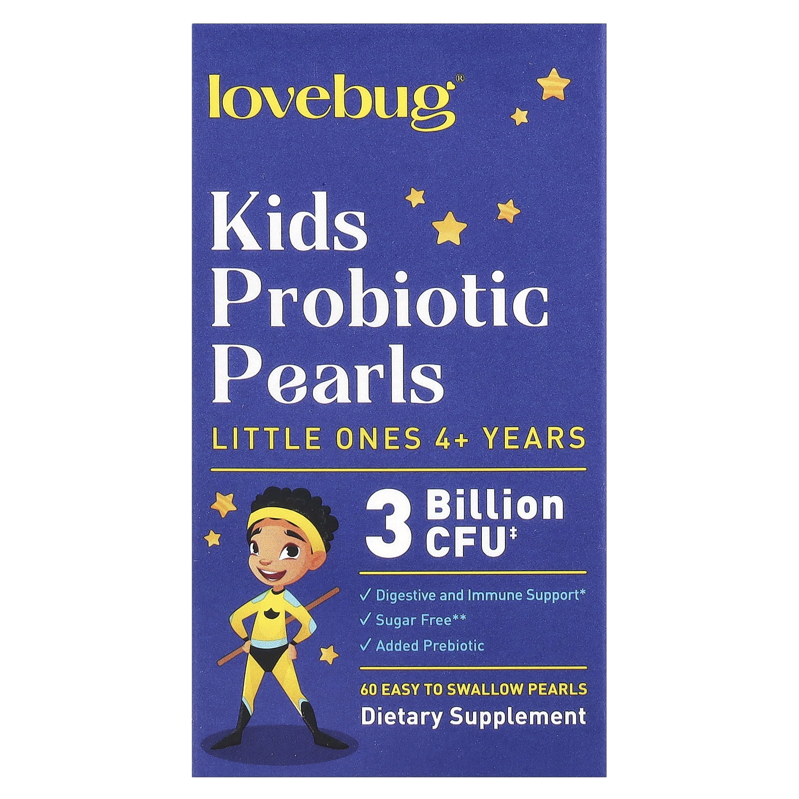 LoveBug Probiotics Kids Probiotics Pearls, 4+ Years, 3 Billion CFU, 60 Easy To Swallow Pearls