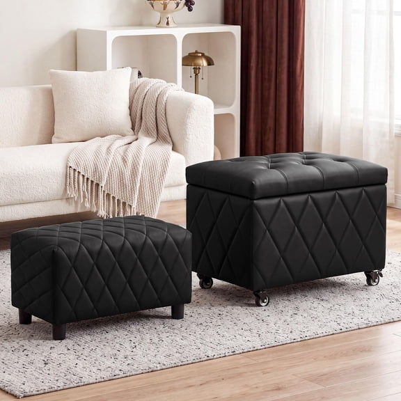 Set of 2 Storage Ottoman, 1 Pcs 58 L Large Storage Ottoman with Wheels, 1 Pcs Small Footstool for Living Room, Bedroom, Entryway