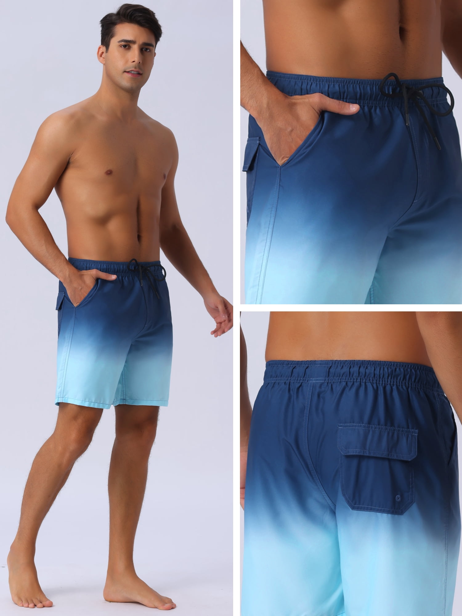 DARING DIVA Men's Gradient Color Drawstring Elastic Waist Lining Swimming Trunks 30 Dark Blue