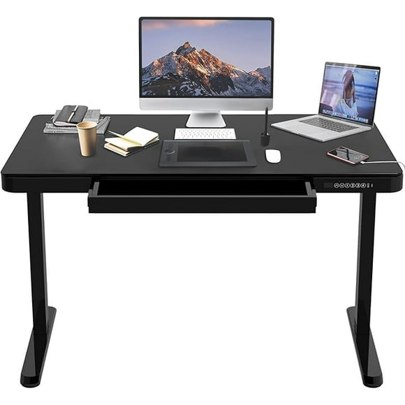 47.2 x 23.6 inch Electric Standing Desk, Height Adjustable Sit Stand Desk Computer Workstation with Storage Drawer and USB Posts for Home Office(Whole-Piece Tabletop&Steel Frame)