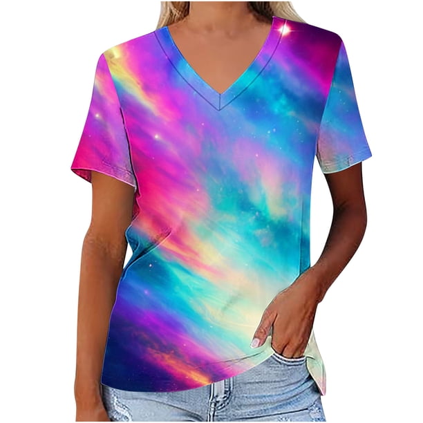 Fiudx Ofertas Del Día Camiseta de Manga Corta con Cuello En V Astral y Estampado de Galaxia Informal a La Moda para Mujer
