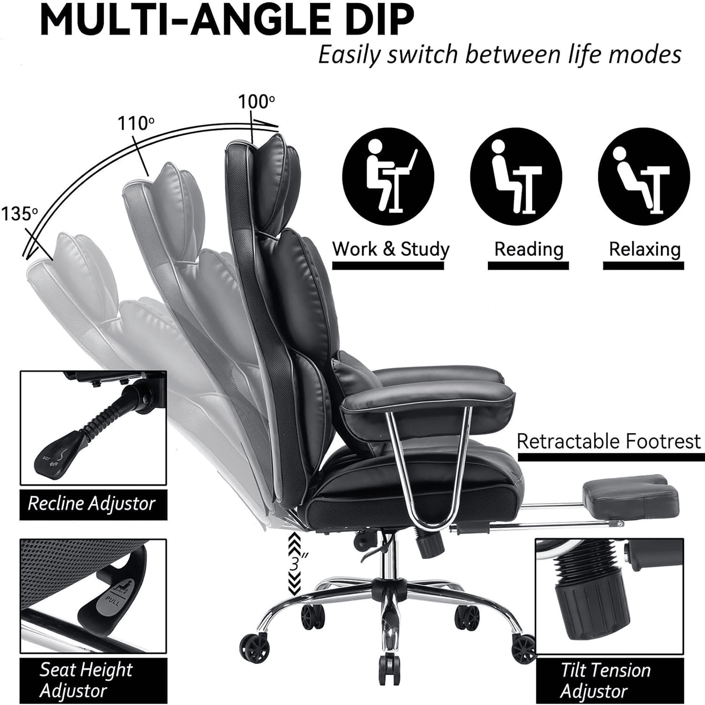 Woodty Executive Chair, PU Leather, High Back & Lumbar Support, Adjustable Armrests, Black