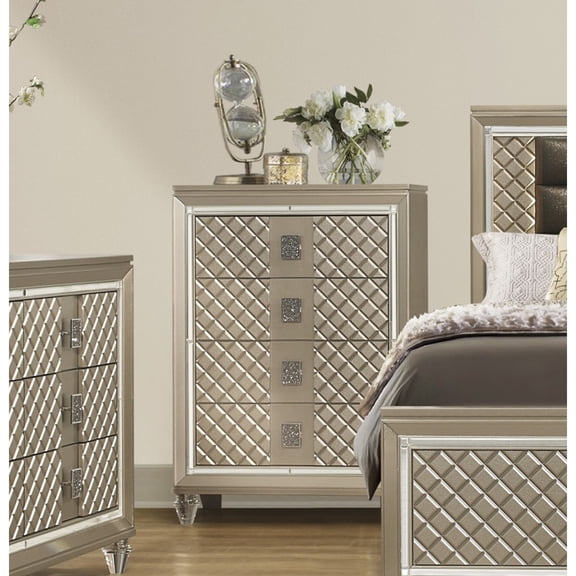 Miekor Furniture Glamorous Champagne Finish Chest of 4 Drawers Acrylic Feet Luxury Bedroom Furniture Beveled Mirror Trim W5U674