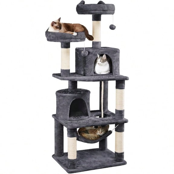 62.5inches Cat Tree Cat Tower Cat Condo with Platform Hammock Scratching Posts for Kittens Pet Play House with Plush Perch for Indoor Activity Relaxing Dark Gray