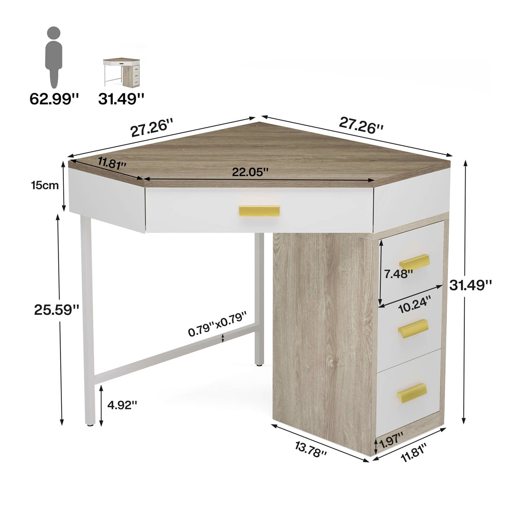 MAYEERTY 90° Triangle Corner Desk with 4 Drawers, Vanity Makeup Computer Desk