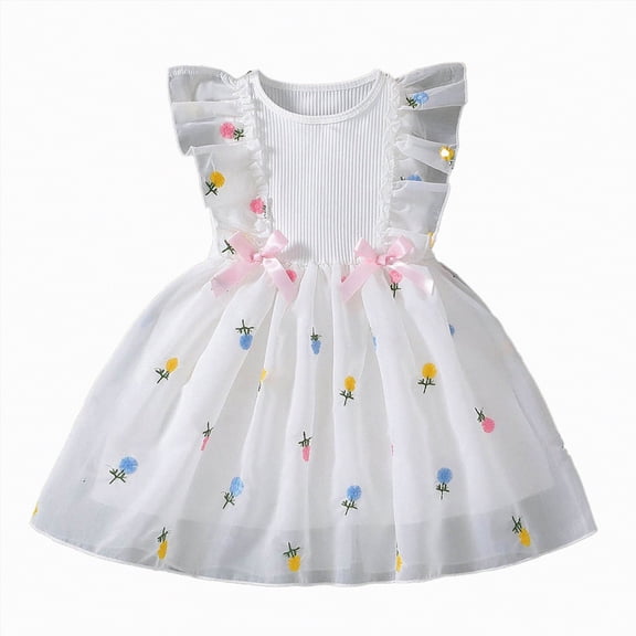 Hessimy Toddler Girls Back to School Print Flutter Sleeve Dress School Outfit(White,5-6 Years)