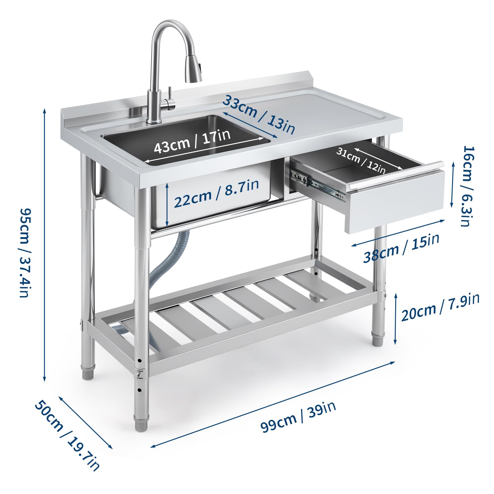 Commercial Stainless Steel Kitchen Sink Prep Counter with Pull-out Faucet, 39" Freestanding Single Bowl Utility Sink with Workbench & Drawer Storage for Laundry, Farmhouse & Outdoor Use