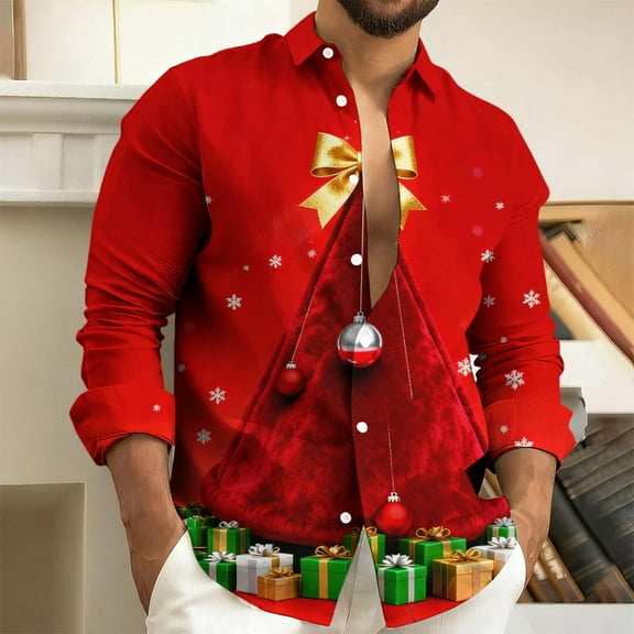 Fengqque Men's Christmas Button up Shirts Long Sleeve Xmas Printed Dress Shirt Funny Shirt New Year Party Top Red XS(XS)