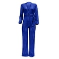 thumbnail image 4 of RYRJJ Women's Sparkly Jumpsuits Party Clubwear Sequins Rompers One-Piece Deep V Neck Long Sleeve Wide Leg Pants with Belt(Blue,3XL), 4 of 5