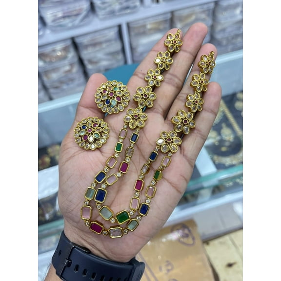 South Indian Bollywood Navaratna 2-Layer Gold-Plated Short Necklace Set – Multicolor AD CZ Stones with Matte Finish Brass & Matching Drop Earrings.**
