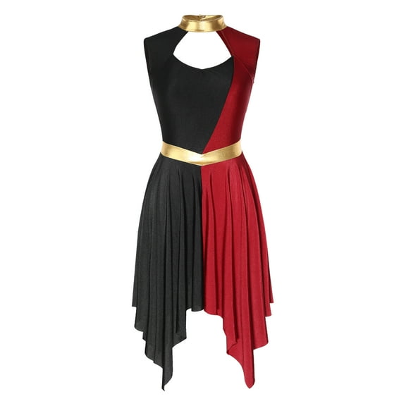 TiaoBug Womens Sleeveless Cutout Praise Dance Dress Color Block Liturgical Worship Tunic Church Dancewear Black&Burgundy S