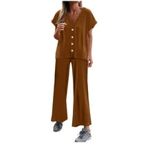 Lovskoo 2024 Two Piece Outfits for Women Summer Loose Ribbed Short Sleeve V Neck Button Down Shirt Elastic Waist Wide Leg Pants Knit Matching Lounge Sets Brown 2XL