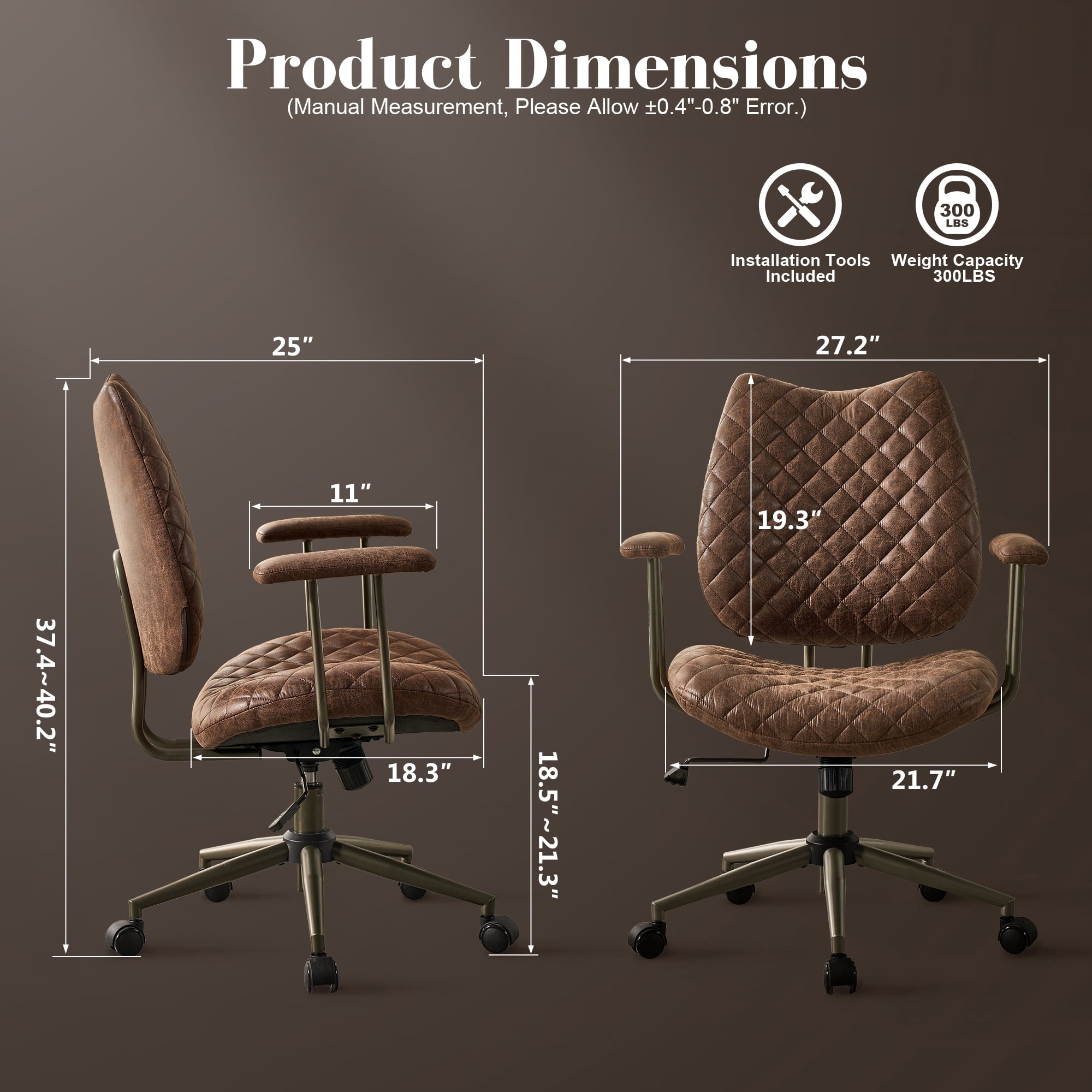 Toject Leather Office Chair, Mid Back Home Office Chair with Lumbar Support, Ergonomic Computer Chairs, Executive Desk Chairs with Thickened Cushions, Task Chairs for Offic, Suede Leather, Dark Brown