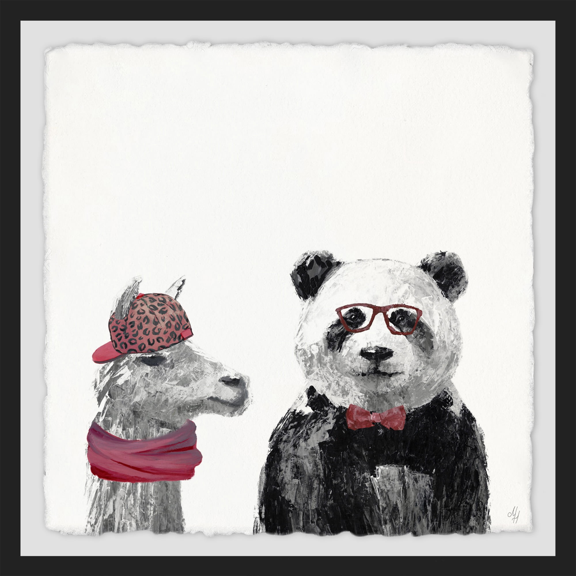 Panda And Llama In Pink Framed Painting Art Print, 18.00" x 1.50"