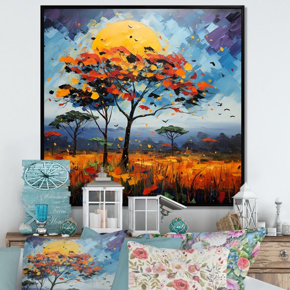 Designart "Yellow and Blue Fauvist African Wilderness" Floral Framed Wall Art - Global Yellow Tree African Entryway Framed Wall Art