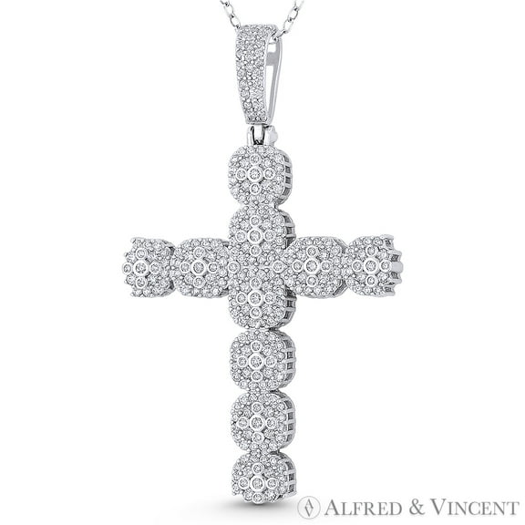 Multi-Cluster Cross Cubic Zirconia CZ Crystal Pave 54x32mm (2.1x1.55in) Christian Pendant & Chain Necklace in .925 Sterling Silver w/ Rhodium