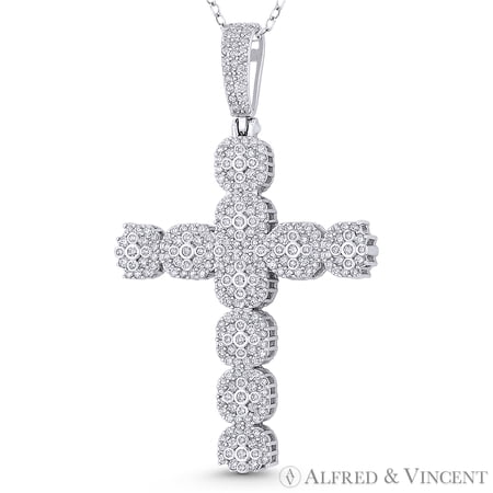Multi-Cluster Cross Cubic Zirconia CZ Crystal Pave 54x32mm (2.1x1.55in) Christian Pendant & Chain Necklace in .925 Sterling Silver w/ Rhodium
