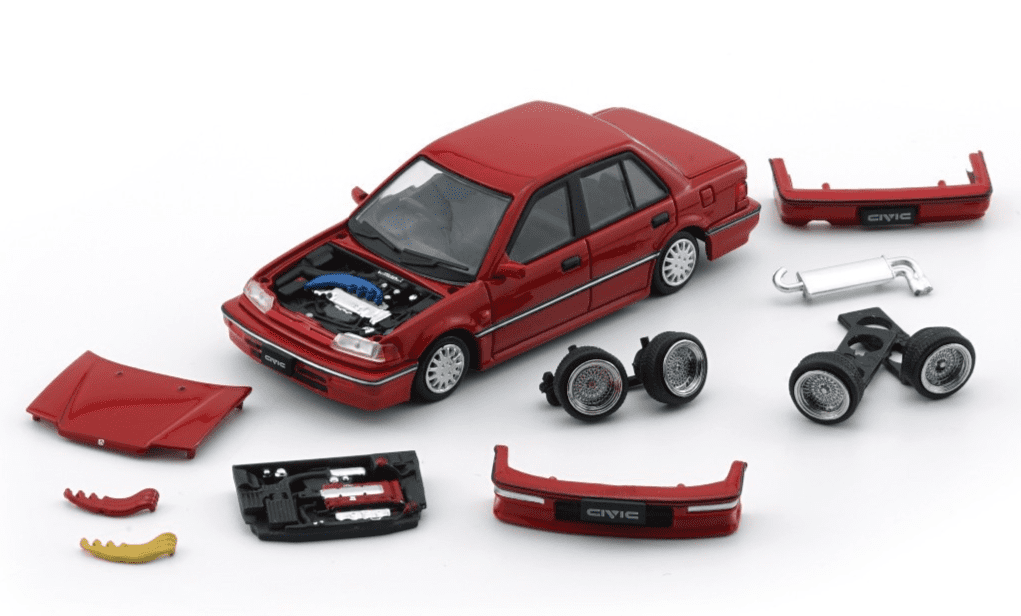 BM Creations 1/64 Honda Civic EF2 1991 LHD Red Diecast Model Car w/ Accessories 64B0401