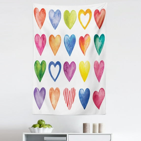 Grunge Tapestry, Rainbow Color Heart Shapes Valentine's Day Design Romantic His and Hers Theme, Fabric Wall Hanging Decor for Bedroom Living Room Dorm, 5 Sizes, Red Blue Yellow, by Ambesonne