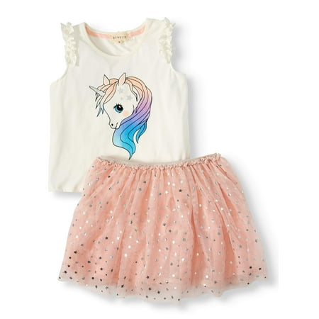 Btween Unicorn Ruffle Top and Tutu Skirt, 2-Piece Outfit Set (Little Girls & Big Girls)