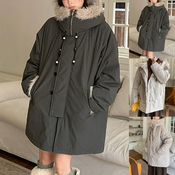 FRSASU Womens Winter Large Size Coat Solid Color Warm Zipper with Pockets Long Sleeve Hooded Casual Cotton Jacket Comfortable Top Gray