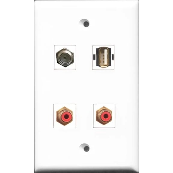 RiteAV - 2 Port RCA Red and 1 Port Coax Cable TV- F-Type and 1 Port USB A-A Wall Plate