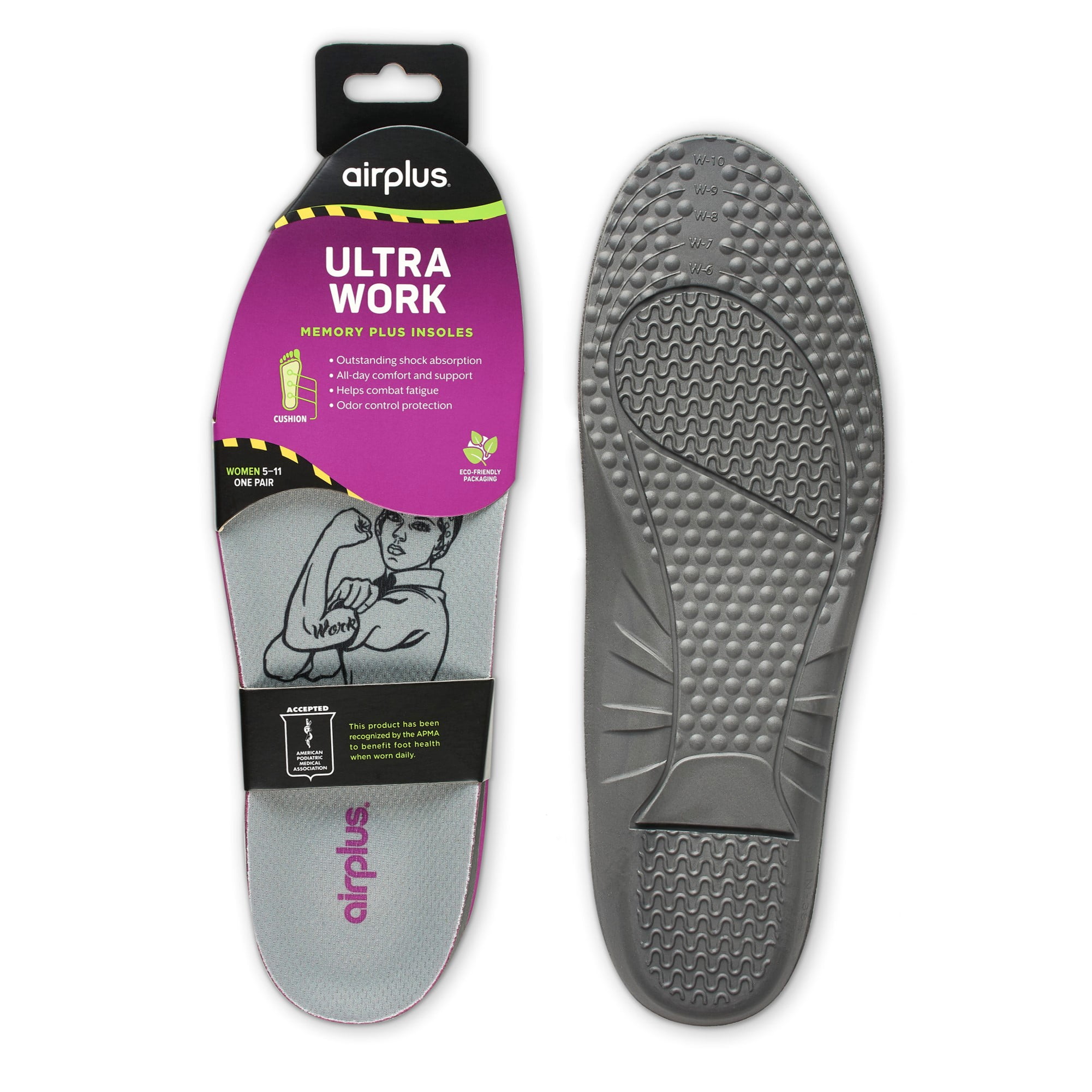 (3 pack) Airplus Ultra Work Memory Foam Insole for Women, 1 Pair, Size 5-11