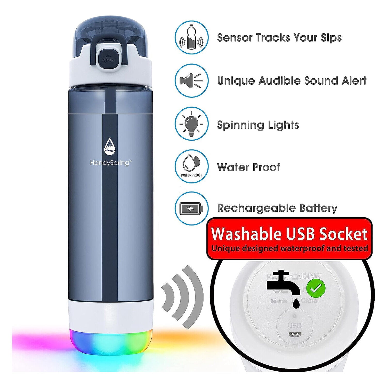 HANDYSPRING - 26 oz Smart Water Bottle with Reminder to Drink Water - Rechargeable - Switchable Lights and Sounds, Water Tracker with Straw, Track Your Sips, Smart Hydration Reminder (Grey)