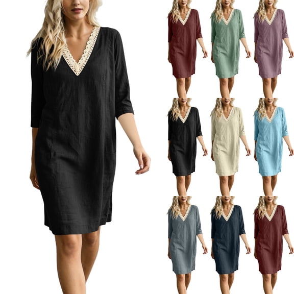 Vetsdori Black Women's Solid Color V-Neck Lace 3/4 Sleeve Linen Shift Dress Casual Flowy Summer