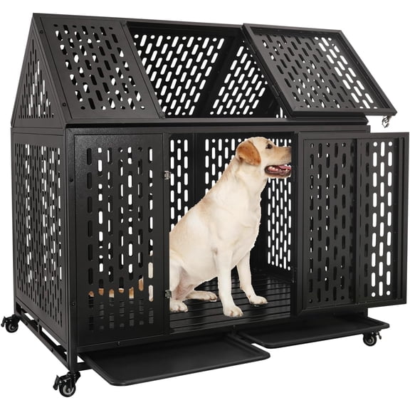 44 inch Heavy Duty Indestructible and Escape-Proof Dog Crate Cage for Large Giant Dogs, Steel Double Door Indoor High Anxiety Pet Kennel with Trays and Wheels, Extra Large XL XXL