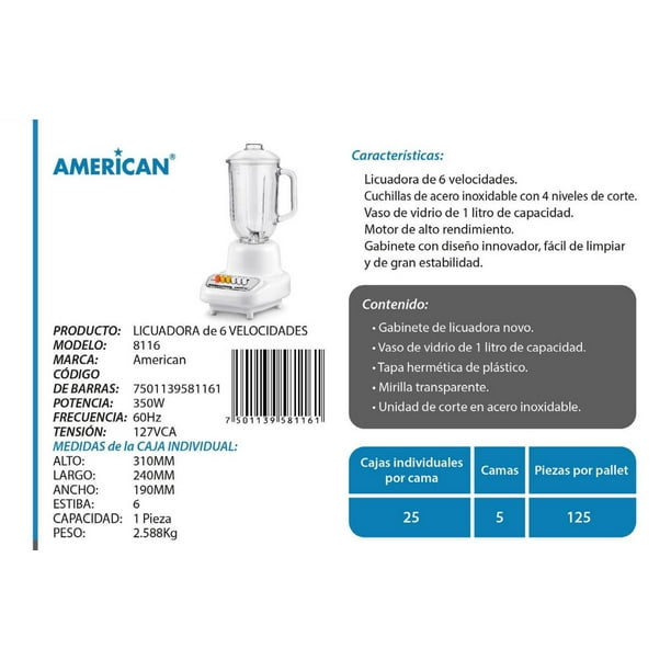 Licuadora American 8116 6 Vel Vidrio Tritura Hielo American 8116