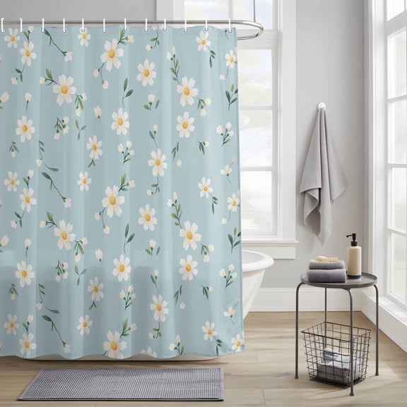 Bathroom Shower Curtain Country Daisy Flower Seamless Waterproof Shower Curtains with Hooks, Blossom Floral on Blue Bath Curtains Bathtub Curtain Home Decor 36x72in