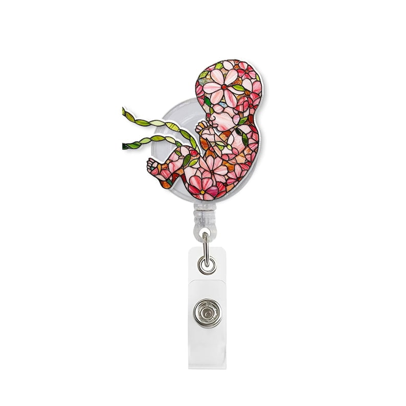 TiniDecor Floral Fetus Badge Reel, Pink Baby ID Holder, Cute Gift for OB Nurses & Doulas