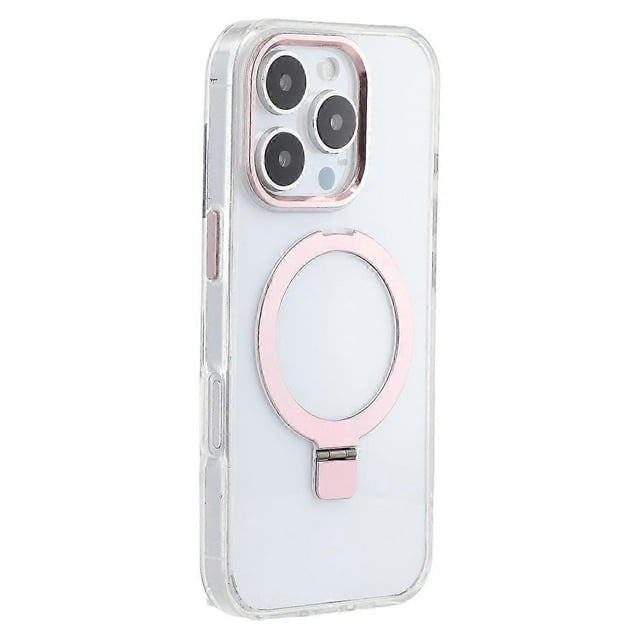 2025 new style high quality for iphone 16 pro max case compatible with magsafe carcasa transparente compatible con MagSafe, vista en 3/4 que muestra panel trasero rígido de PC 2.0mm y bordes TPU, aro magnético electroplateado rosa con patilla kickstand plegable, recortes precisos para cámara y botones; también suele usarse para apoyar el teléfono en manos libres.