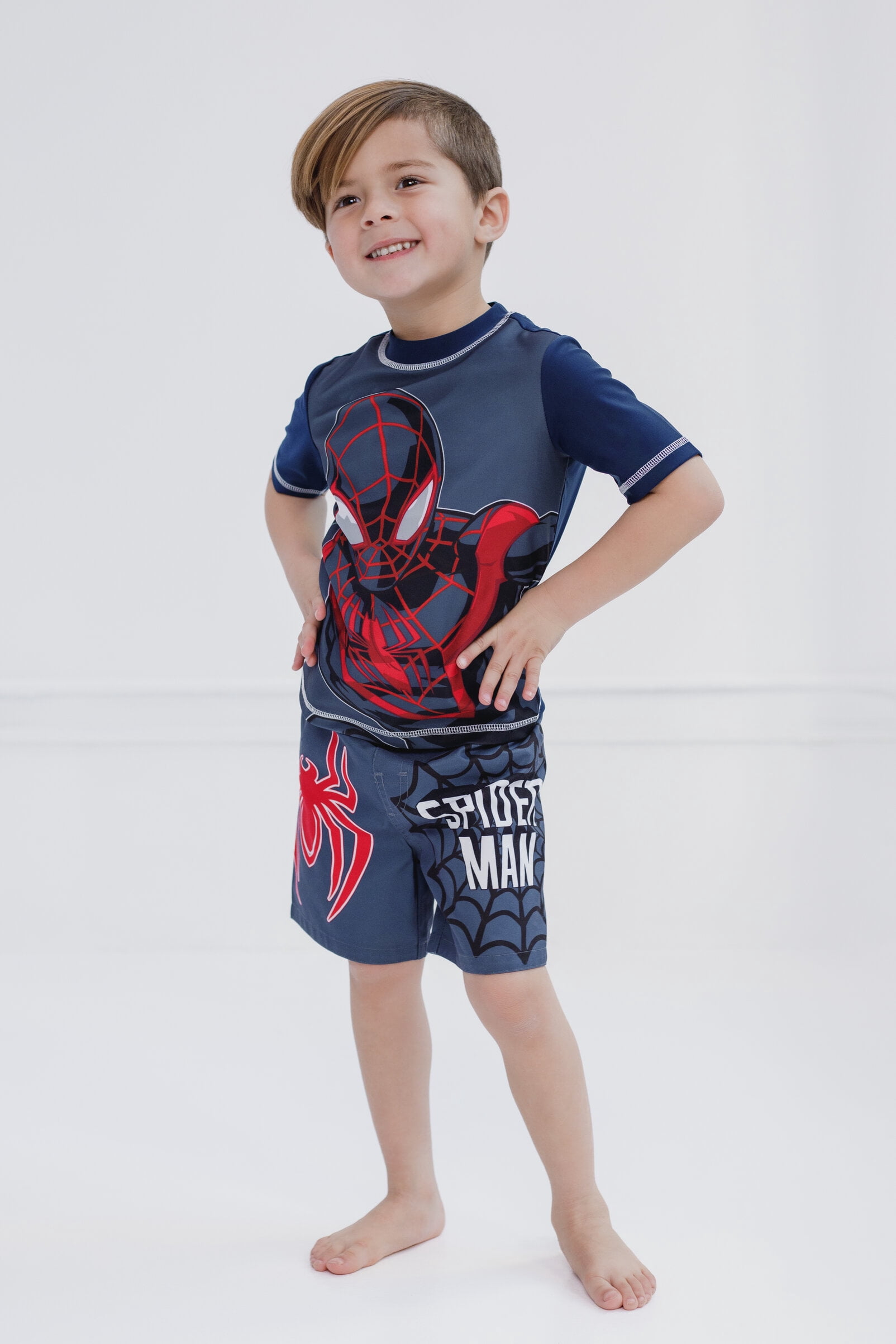 Marvel Spider-Verse Toddler Boys' Swimwear 2-Piece Rashguard and Swim Trunks Set Miles Morales Grey