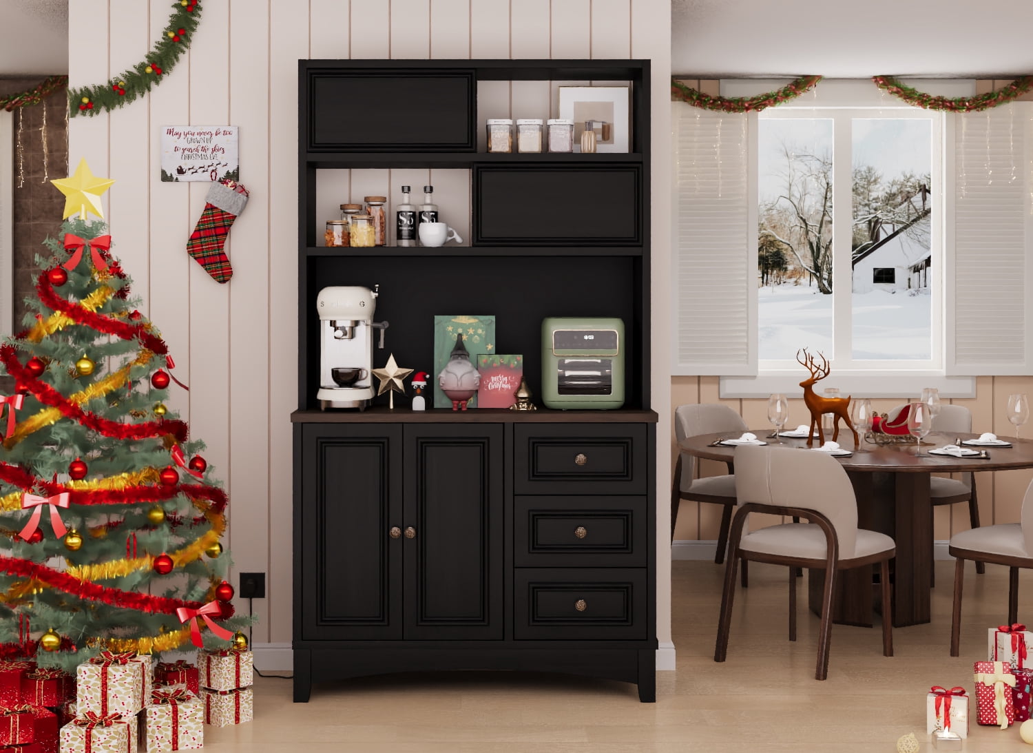 71" Kitchen Hutch with Storage Drawers, Pantry Cabinet with Charging Station for Living Room, Dining Room, Black