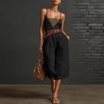 thumbnail image 7 of Women's Vacation Capri Jumpsuits Spaghetti Strap Wide Leg Linen Rompers Deep V Neck Sleeveless Cropped Jumper Black, L, 7 of 7