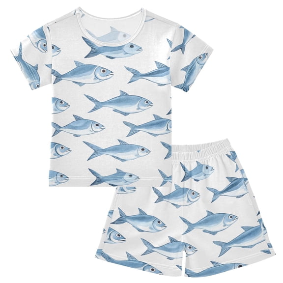 joogoo Blue Fish Pattern Pajama Sets Short Sleeve Cotton 2-Piece Sleepwear 10Y