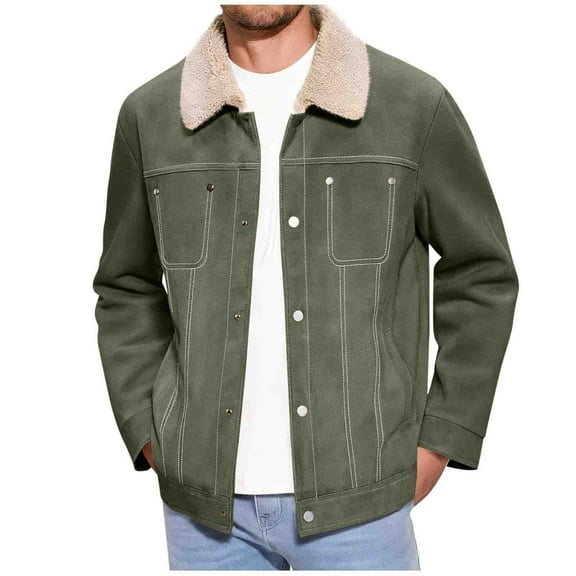 Wyobmus Mens Corduroy Jacket Fleece Lined Long Sleeve Trucker Cozy Sherpa Lapeled Winter Coat Fashion Warm Clothes Olive Green