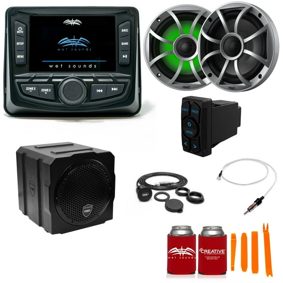 Wet Sounds Ultimate Golf Cart Audio Bundle, Radio, 2-RGB Silver Grill 6.5" Speakers, 8" powered sub, Wiring Kit