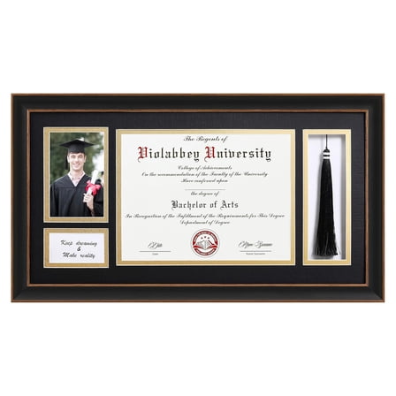 VIOLABBEY Black Diploma Frame with Tassel Holder for 8.5x11 Certificates Document and 4x6 Graduation Pictures, College Degree Frame for Wall Mounted (Black Gold Double Mat)